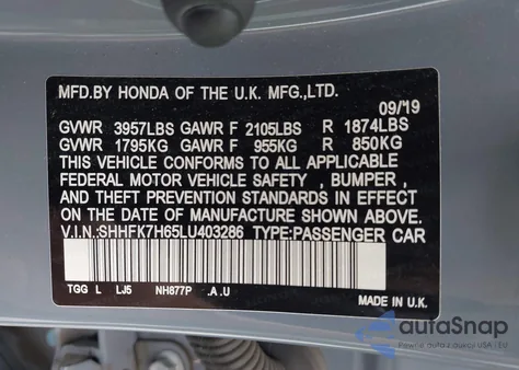 2020 Honda Civic Ex from USA, damaged, VIN SHHFK7H65LU403286